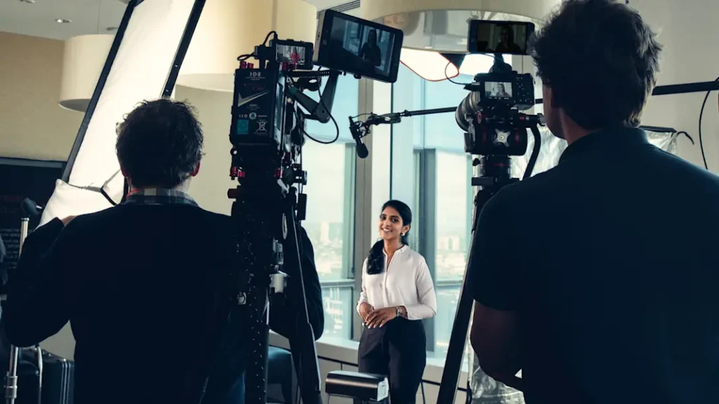 Behind-the-scenes of a corporate interview shoot in Mumbai, featuring multiple shooters capturing professional video angles.