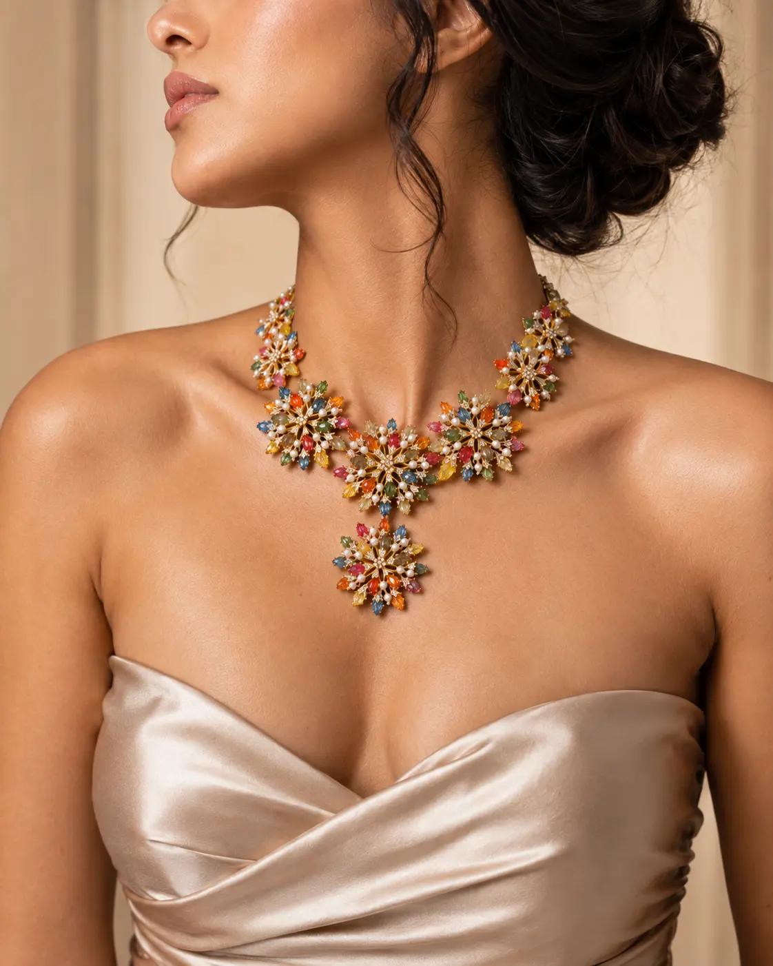 Ansa multi-gemstone statement necklace worn by model, editorial campaign shot
