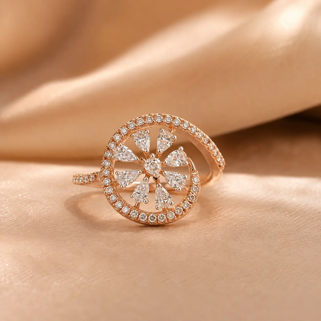Indriya rose gold floral halo ring on satin