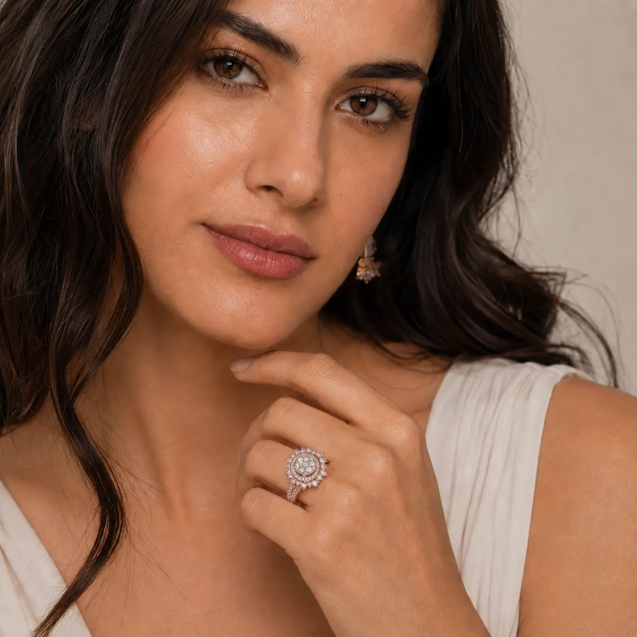 Indriya diamond ring worn by model, editorial close-up