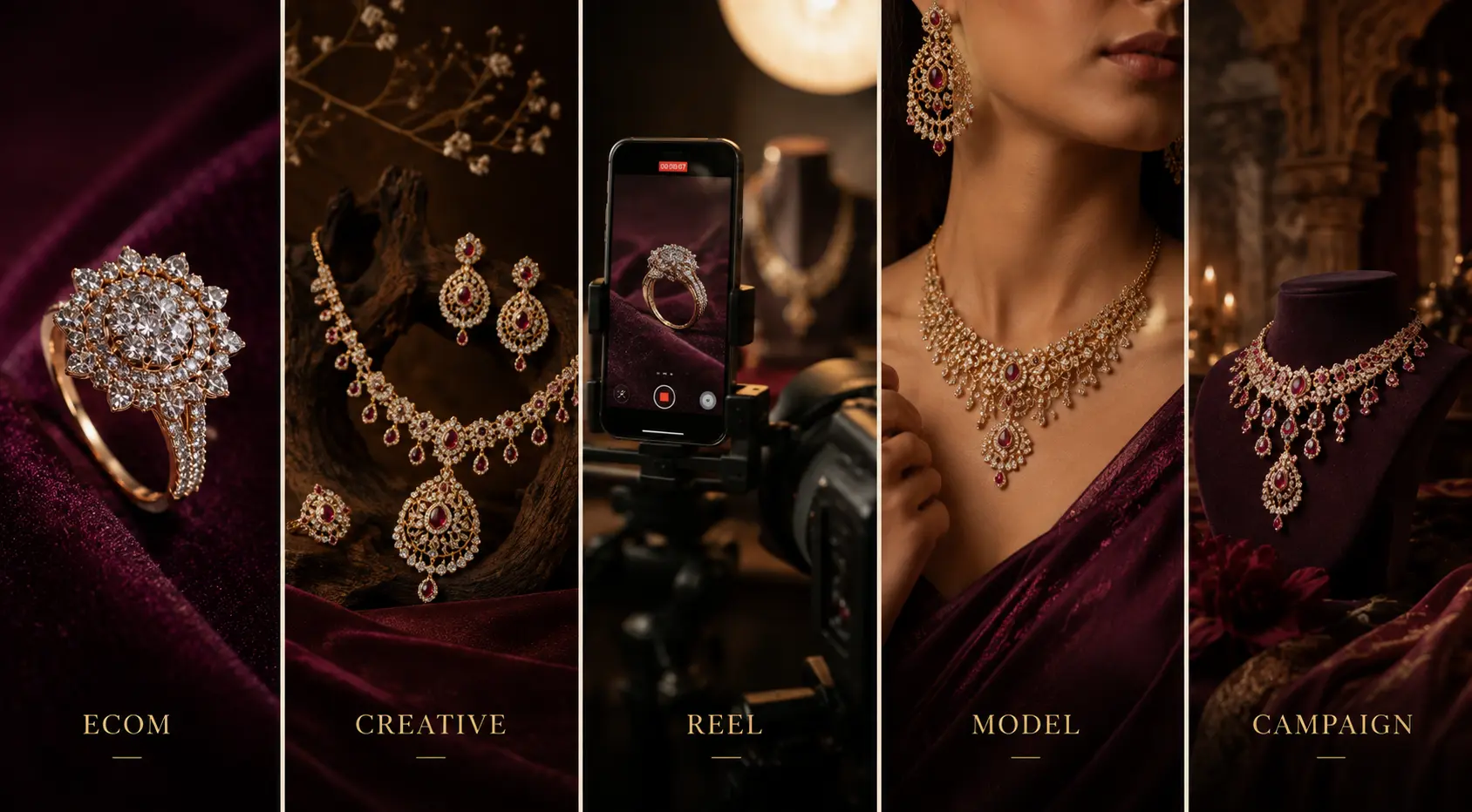Five jewellery photography services — Ecom, Creative, Reel, Model, Campaign