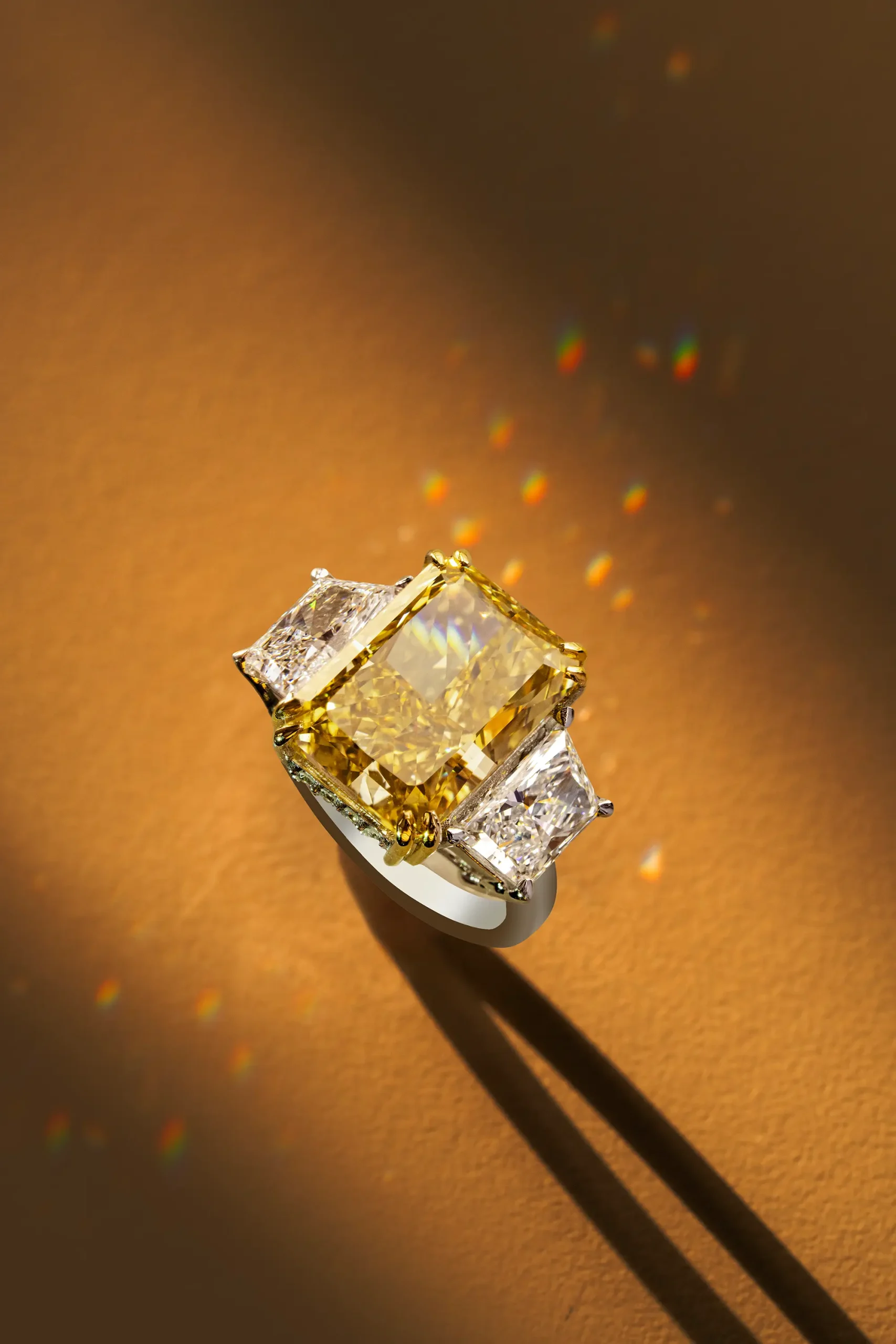 Prena's fancy yellow diamond ring, dramatic light