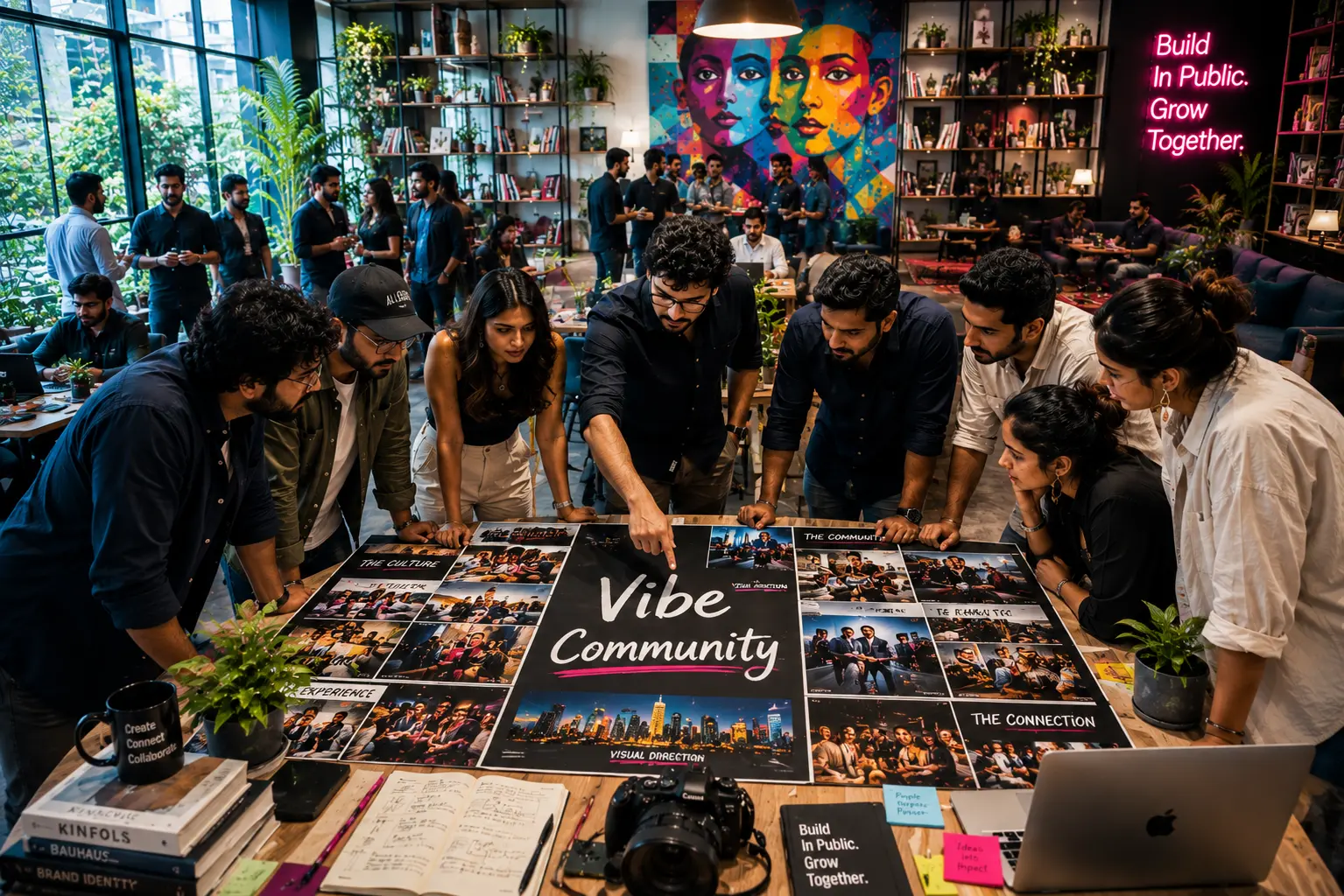 Vibe Community — founders and creatives gathered around the studio's mood board